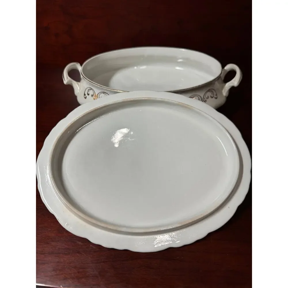 Vintage Semi-Vitreous Porcelain Oval Serving Dish Tureen With Lid & Handles